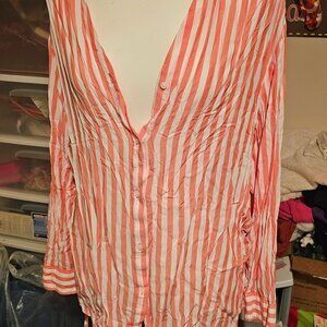 ANA (A New Approach) Striped Button Front Blouse | Coral/White | Size XL